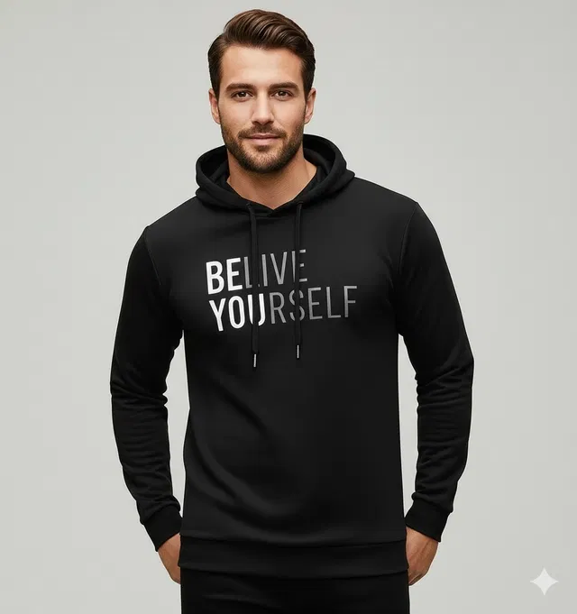 Fleece Printed Hoodie for Men, Black (M)