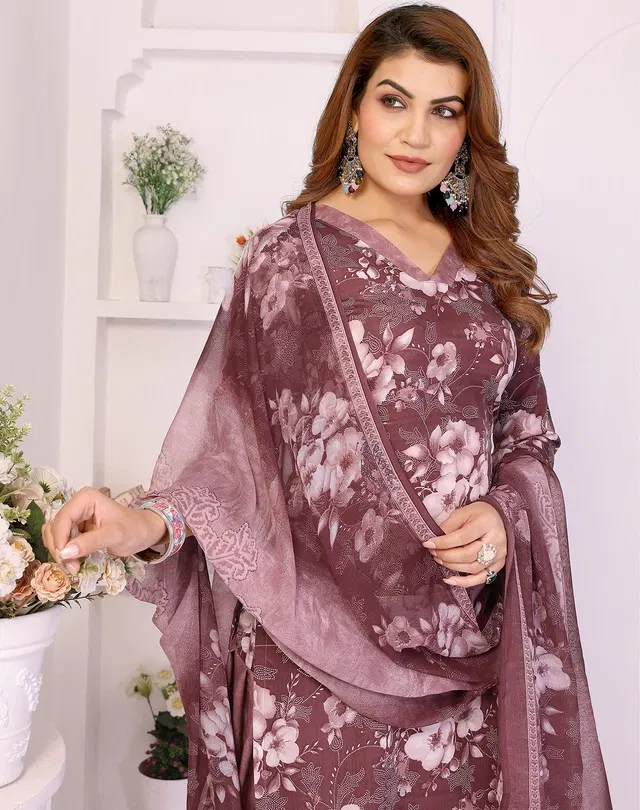 Crepe Floral Punjabi Suits for Women (Purple, Purple)