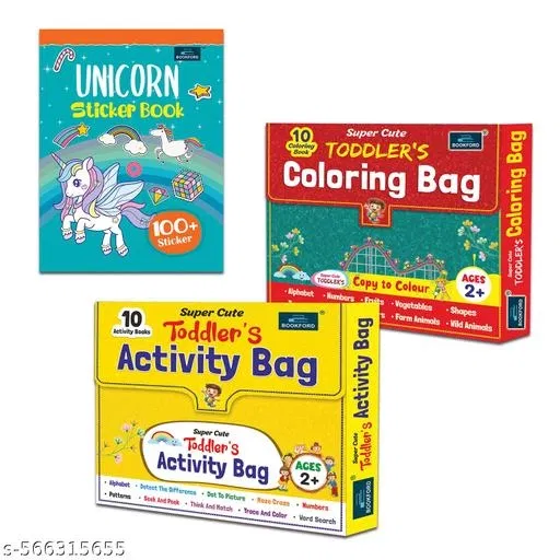 Super Cute Toddlers Activity Bag + Coloring Bag + Unicorn Sticker Book (Set of 3) – Magical Sticker & Activity Combo for Toddlers to Learn and Play