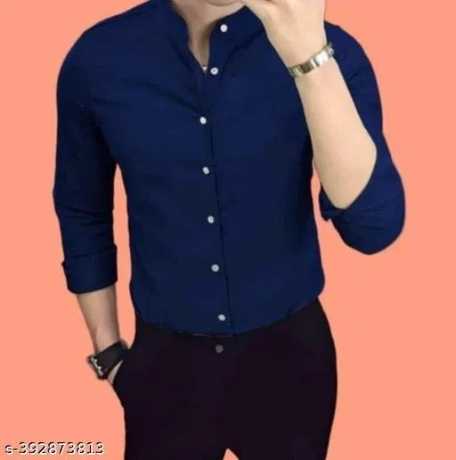 Cotton Blend Solid Shirt for Men, Navy Blue (M)