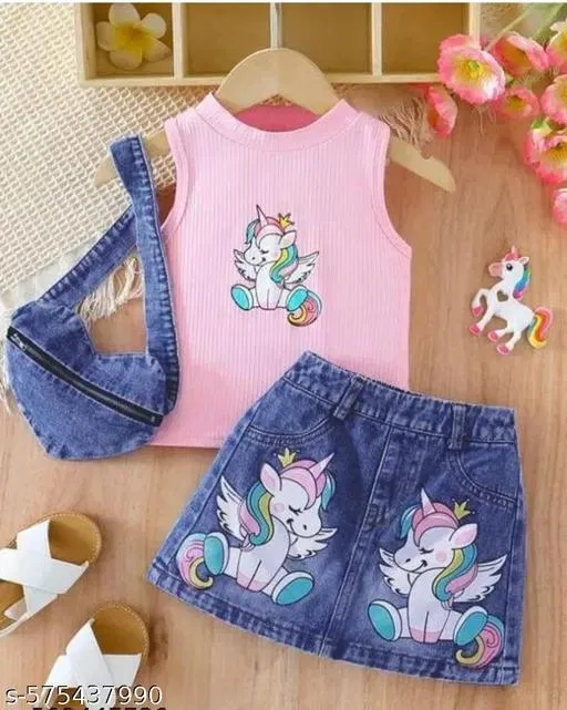 Hosiery Cotton & Denim Printed Clothing Set for Kids, Pink & Blue (0-6 Months)
