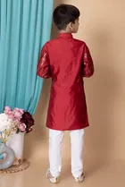 Dupion Silk Embellished Kurta with Payjama for Boys, Maroon & White 
