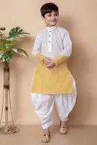 Cotton Embroidery Kurta with Dhoti for Boys, Yellow & White 