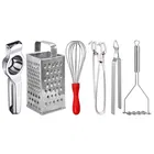 Oc9 Stainless Steel Lemon Squeezer & 4 in 1 Grater Or Slicer & Egg Whisk & Pakkad & Roti Chimta & Potato Masher Kitchen Tool Set 