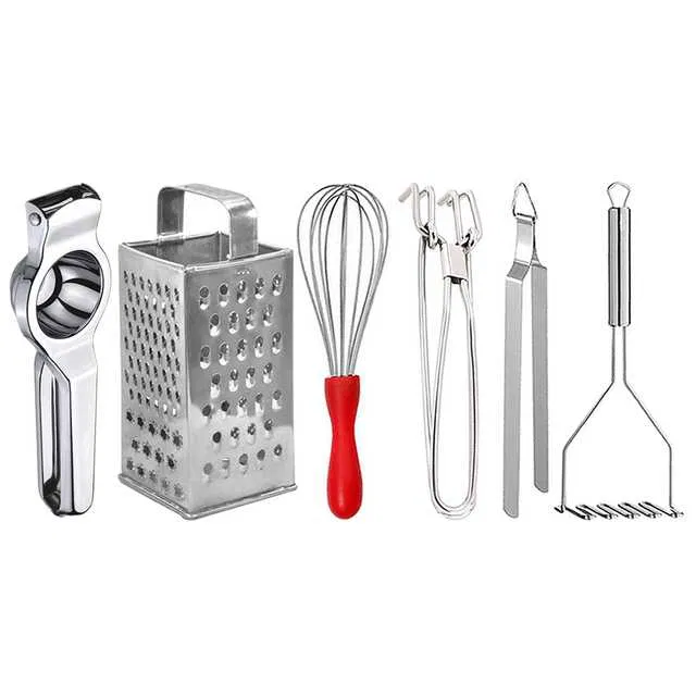 Oc9 Stainless Steel Lemon Squeezer & 4 in 1 Grater Or Slicer & Egg Whisk & Pakkad & Roti Chimta & Potato Masher Kitchen Tool Set (O-162)