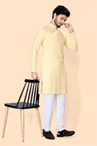 Cotton Blend Embroidered Kurta for Men (Beige, S)