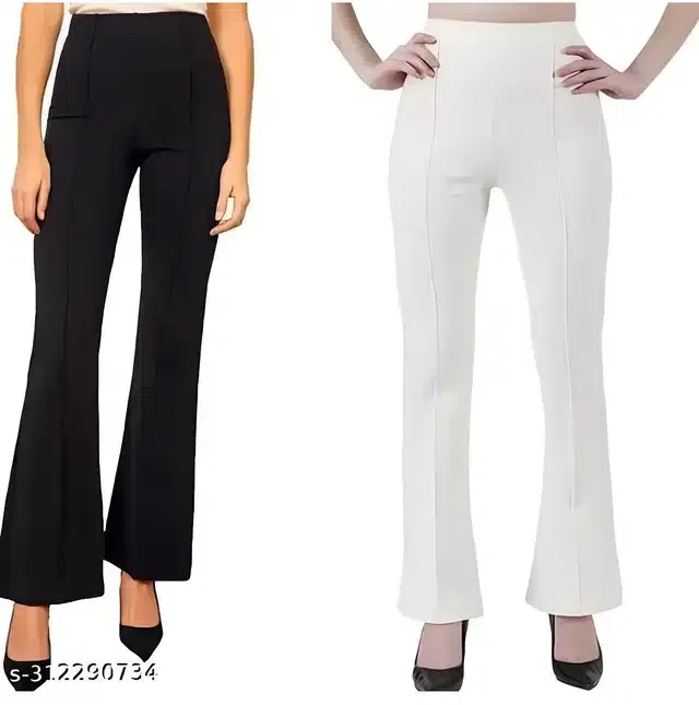 Polyester Solid Trouser for Women (Pack of 2) (Black & White, 28)