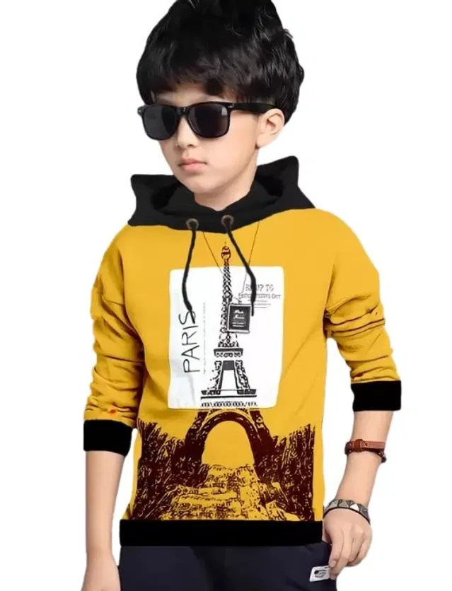 Hooded Neck Printed T-Shirt for Boys (Mustard, 12-13 Years)