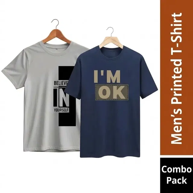 Round Neck Printed T-Shirt for Men, Combo Pack of 2, Grey & Navy Blue, M
