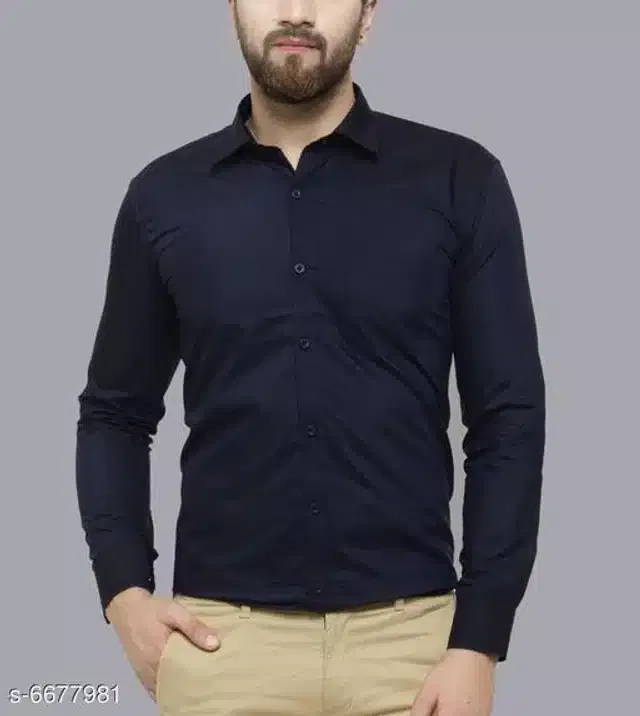 Cotton Blend Solid Full Sleeves Shirt for Men (Navy Blue, L)