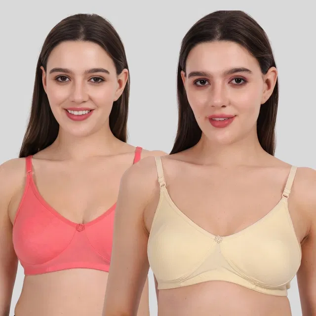 Cotton Bra for Women, Pink & Beige, Pack of 2 (36B)