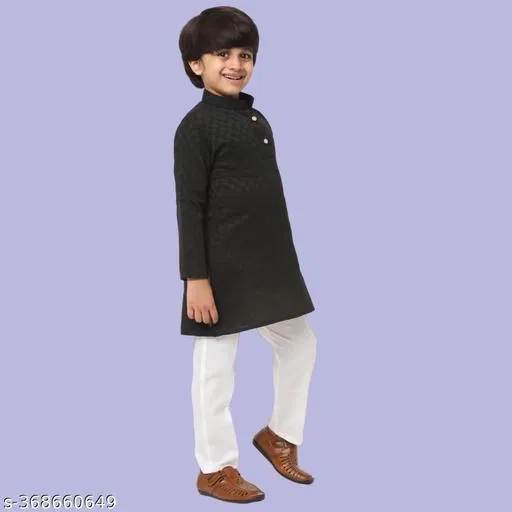 Cotton Blend Kurta with Pyjama for Boys (Black & White, 7-8 Years)
