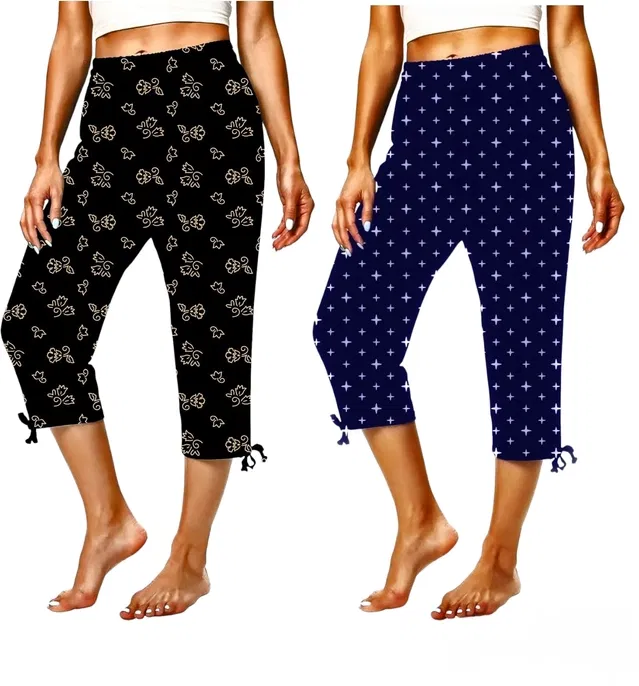 Cotton Printed Capri for Women (Black & Navy Blue, L) (Pack of 2)