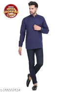 Cotton Blend Solid Short Kurta for Men (Navy Blue, S)