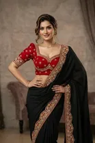 Bollywood Chiffon Saree with Ready Made Blouse and Embroidery Work for Women 