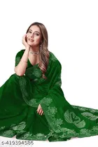 Georgette Solid Saree For Women, Green