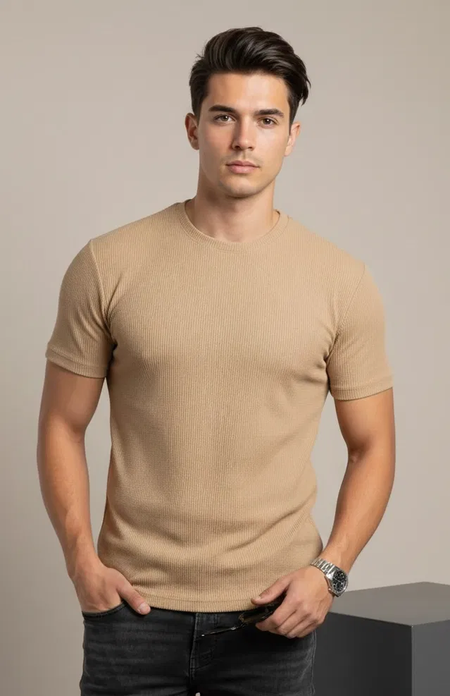 Polyester Round Neck T-shirt for Men, Beige (L)