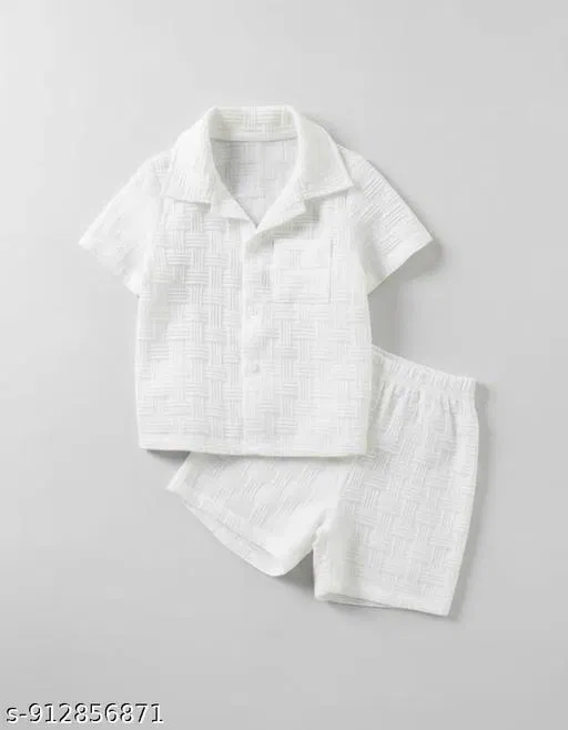 Cotton Shirt and Short Set for Boys (White, 6-7 Years)