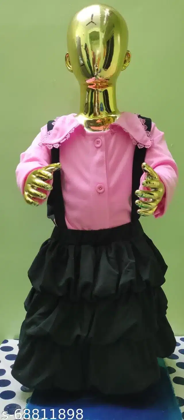 Crepe Full Sleeves Top & Bottom Clothing Set for Girls (Pink & Black, 12-18 Months)