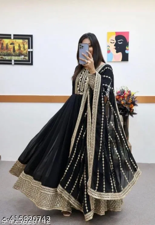 Embroidered Kurta Set with Dupatta for Women (Black, XL)