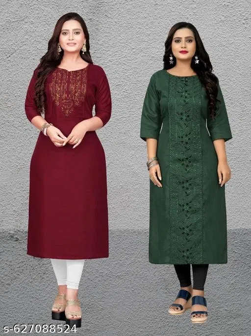 Solid Embroidered Cotton Kurti for Women, Pack of 2 (Maroon, XXL)
