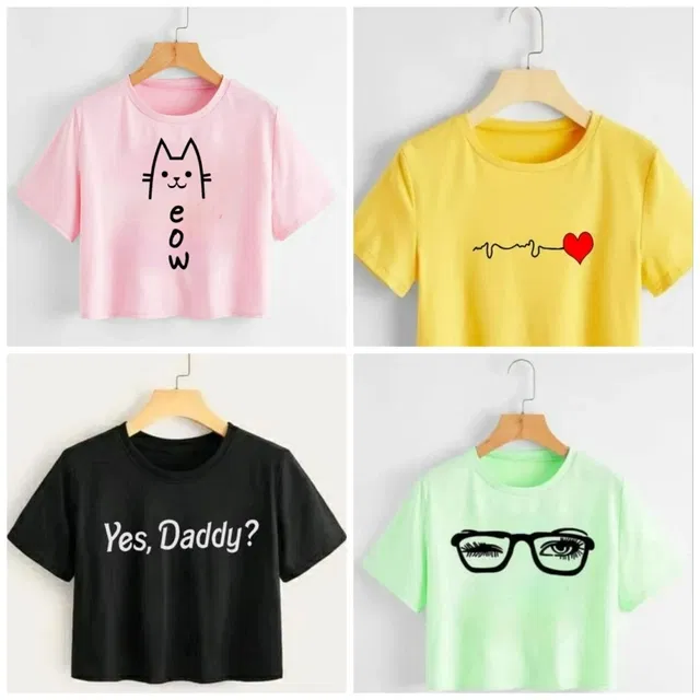 Round Neck Printed Crop T-Shirts for Women (Multicolor, XL) (Pack of 4)