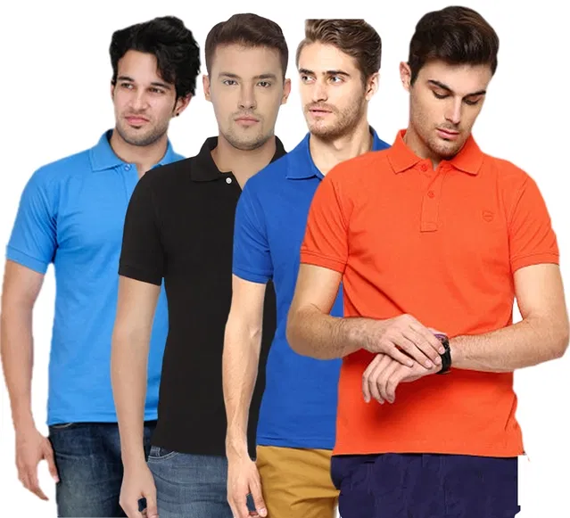 Polo Solid Cotton Blend T-shirts Pack of 4 for Men (Multicolor, L)