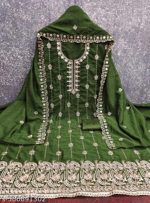 Vichitra Silk Punjabi/All Over Suits Semi-Stitched Suits (Green, 7.05 meter for Women (4XL)