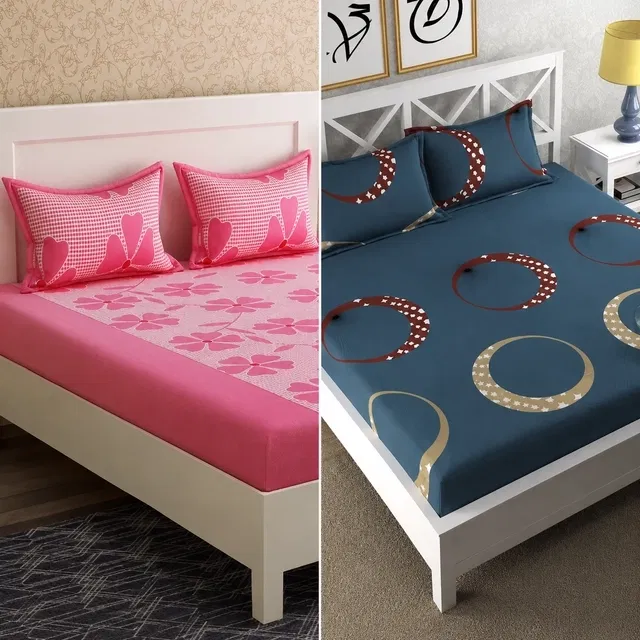 Polycotton Fitted Elastic Double Bedsheet 88x90in (Pink) & (Blue) Pack of 2