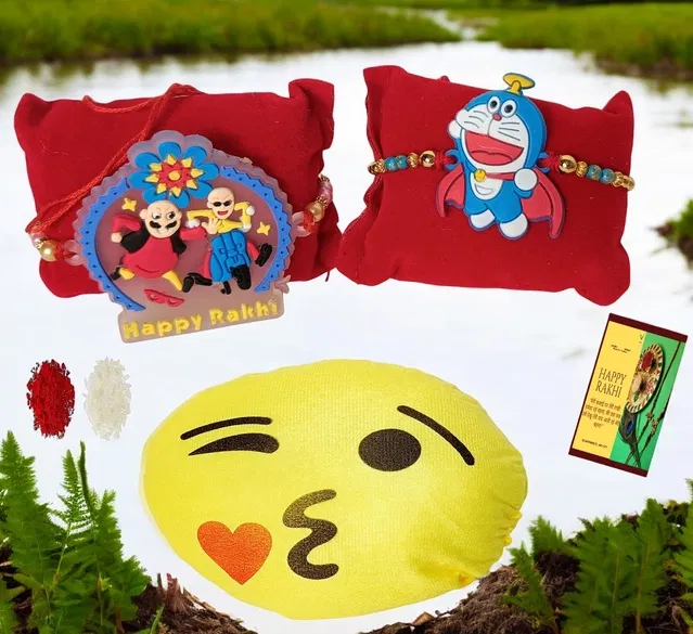 Synthetic 2 Pcs Rakhi with Smiley Pillow & Roli Greeting card (Multicolor, Set of 1)