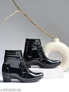 Shoetopia Solid Patent Leather Heeled Boots Black 