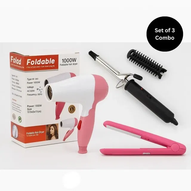3 Pc Combo of Foldable Hair Dryer, Straightner & Curler