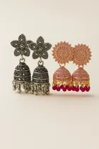 Women's Ethnic Pink & Silver-Tone Jhumka Earrings Combo, Pack of 2, Pack of 2, Pack of 2