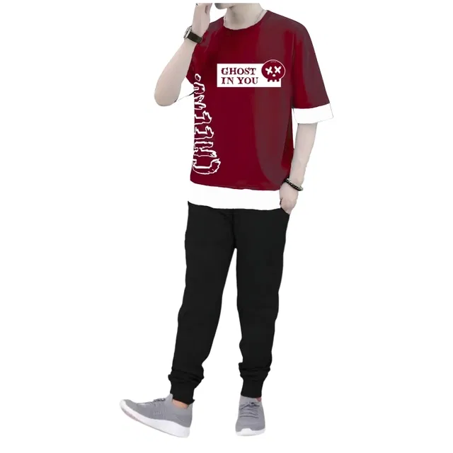 Cotton Blend Round Neck T-Shirts for Boys (Maroon & Black, 12-13 Years)