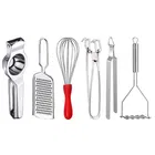 Oc9 Stainless Steel Lemon Squeezer & Cheese Grater & Egg Whisk & Pakkad & Roti Chimta & Potato Masher Kitchen Tool Set 