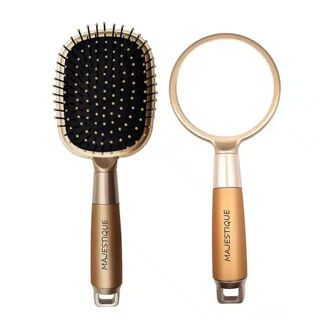 Majestique with Gold Finesse Single Side Make-Up Handheld Mirror with Flat Hair Brush (Combo of 2) (B-51)