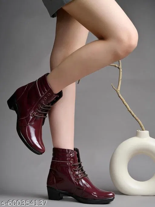 Shoetopia Solid Patent Leather Heeled Boots Red (IND-6)