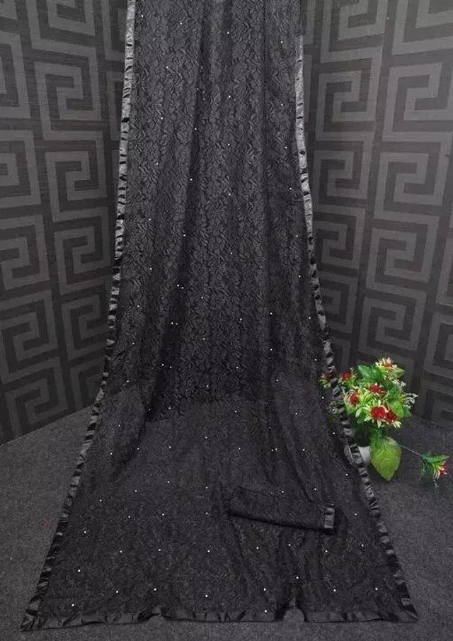 Net Solid Saree for Women (Black, 6.3 m)
