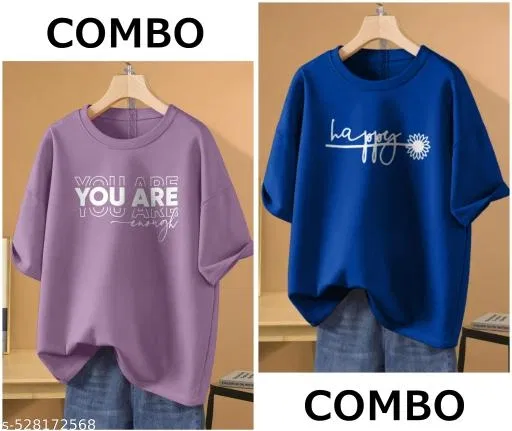 Cotton Blend Printed T-shirt for Women, Blue & Purple, Pack of 2 (XXS)
