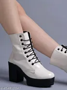 Shoetopia Solid Patent Leather Block Heel Boots Cream 