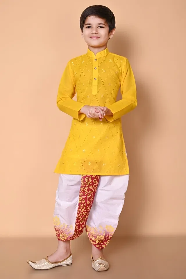 Cotton Embellished Kurta with Dhoti for Boys, Yellow & White (1-2 Years)