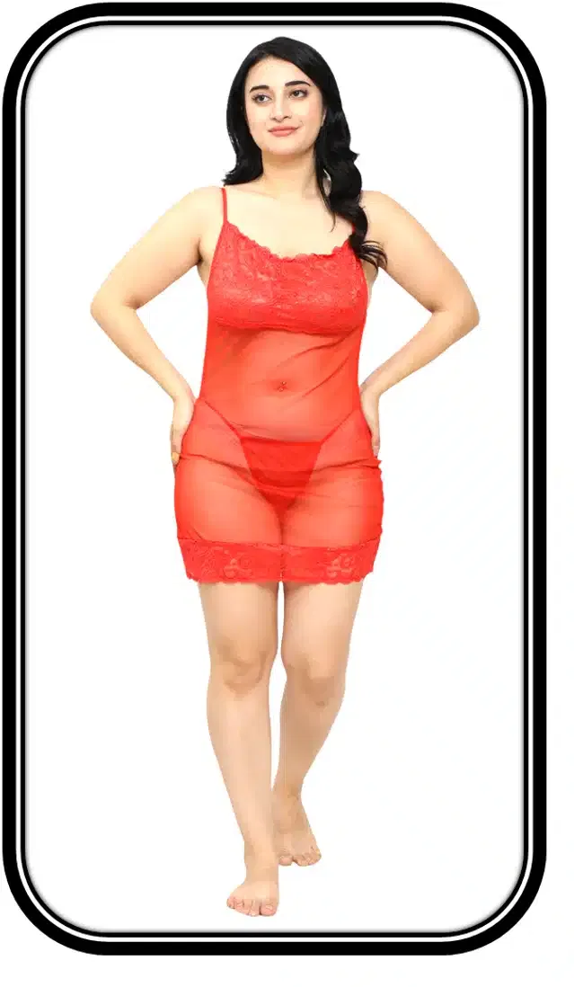 Net Babydoll Set for Women (Red, XL)
