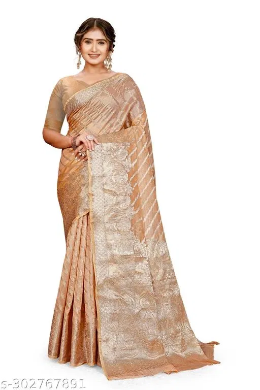 Jute Khadi Zari Woven Saree for Women (Peach, 6.3 m)