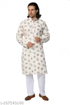 Cotton Printed Kurta with Pyjama for Men (Cream & White, S)