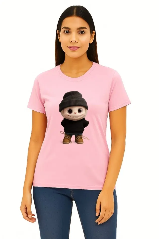Cotton Blend Printed T-shirt for Women, Pink (L)