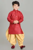 Dupion Silk Printed Kurta with Dhoti for Boys, Maroon & Golden 