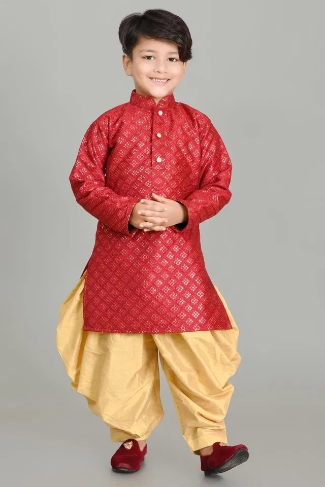 Dupion Silk Printed Kurta with Dhoti for Boys, Maroon & Golden (4-5 Years)