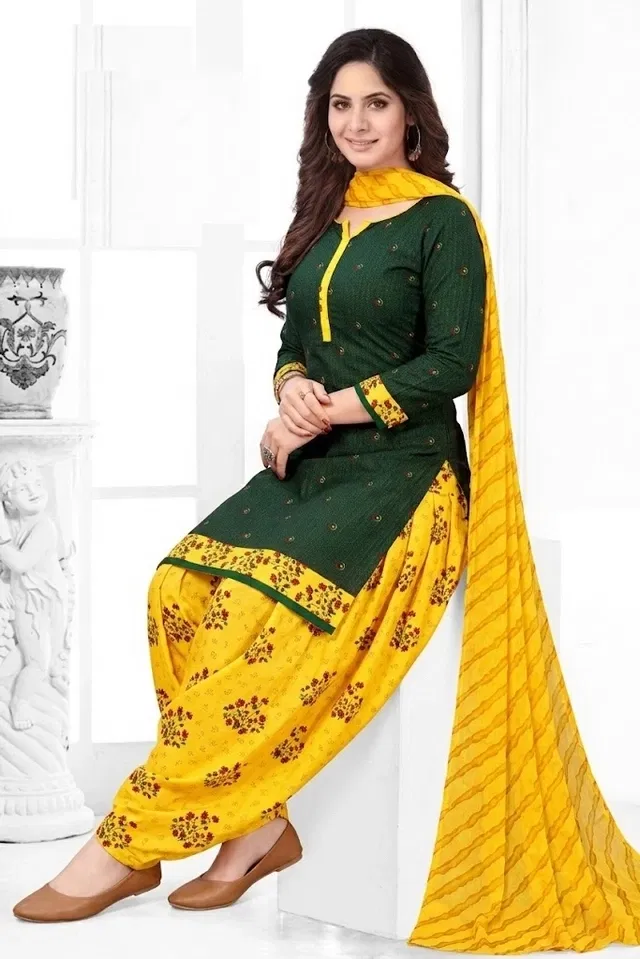 Punjabi Floral Suit for Women (Green, Green)