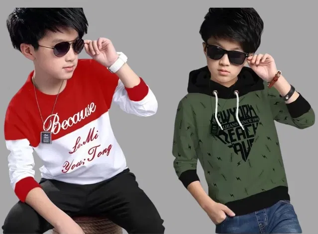 Combo of Cotton Round Neck Printed T-Shirt & Hoodie for Boys (Red & Olive, 11-12 Years) (Pack of 2)
