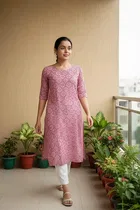 Cotton Blend Printed Kurti for Women, Pink 